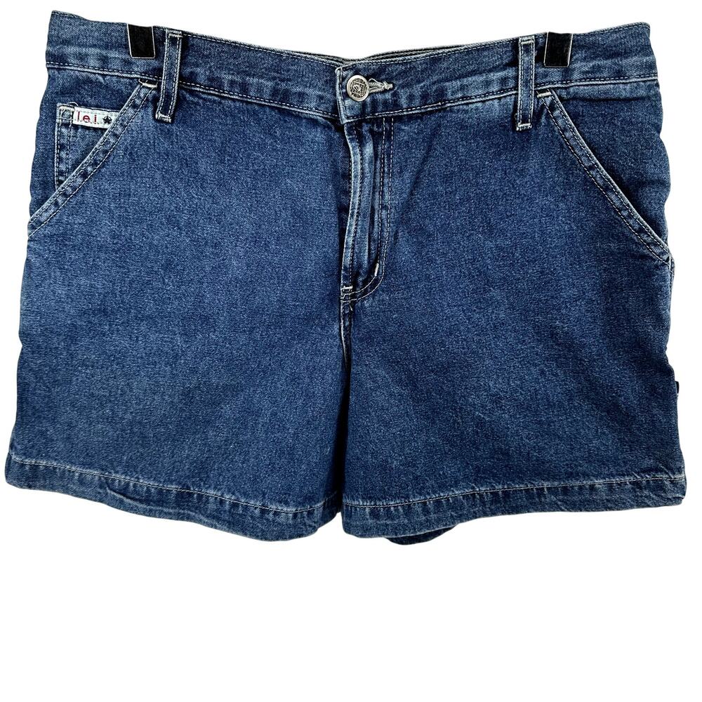 Vintage L.E.I Carpenter Jean Shorts 90s Rigid Denim 5" High Waist Medium Wash 34